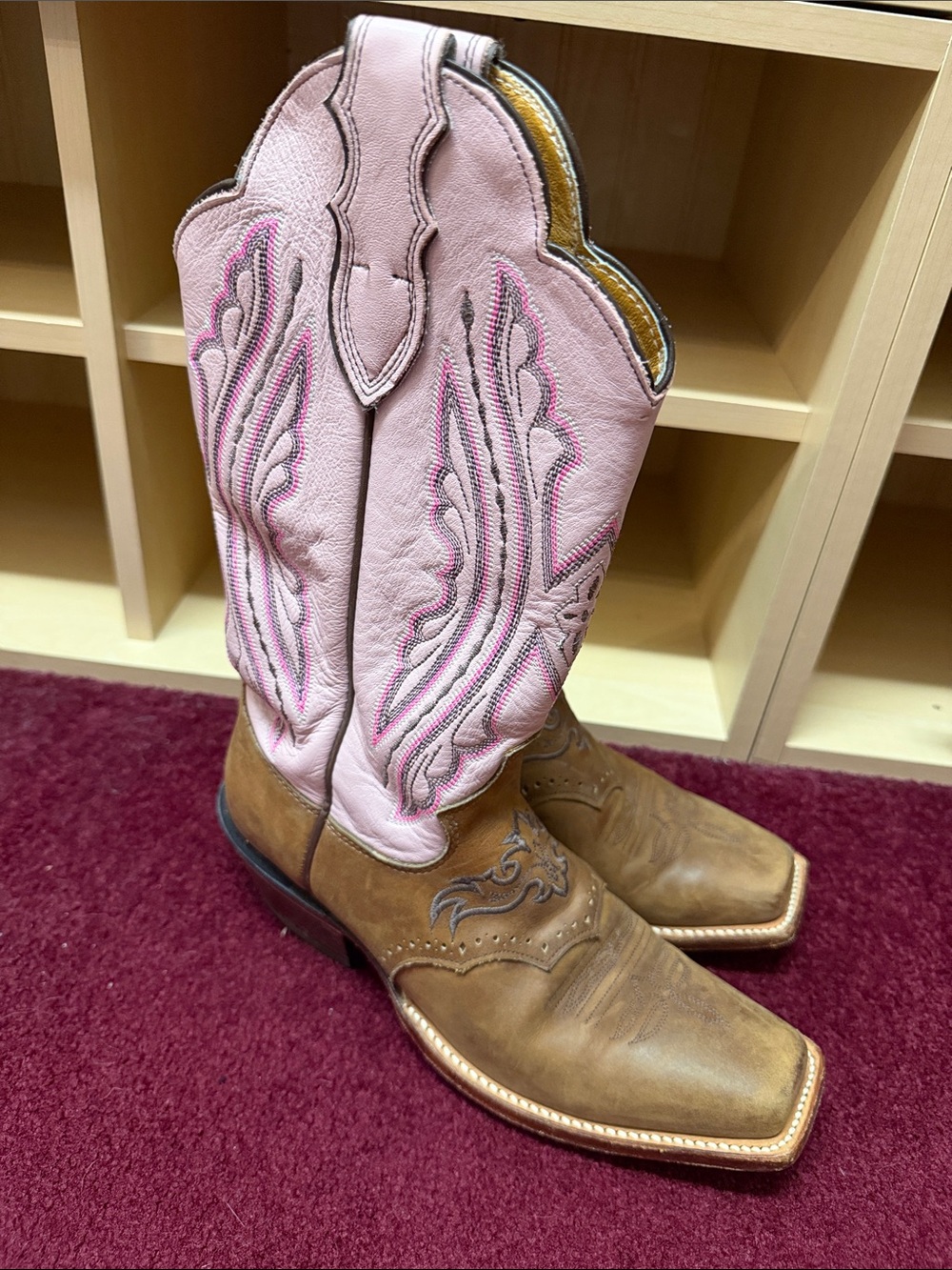 Justin Boots Pink Shaft Brown Foot Women's Western Heeled Boots